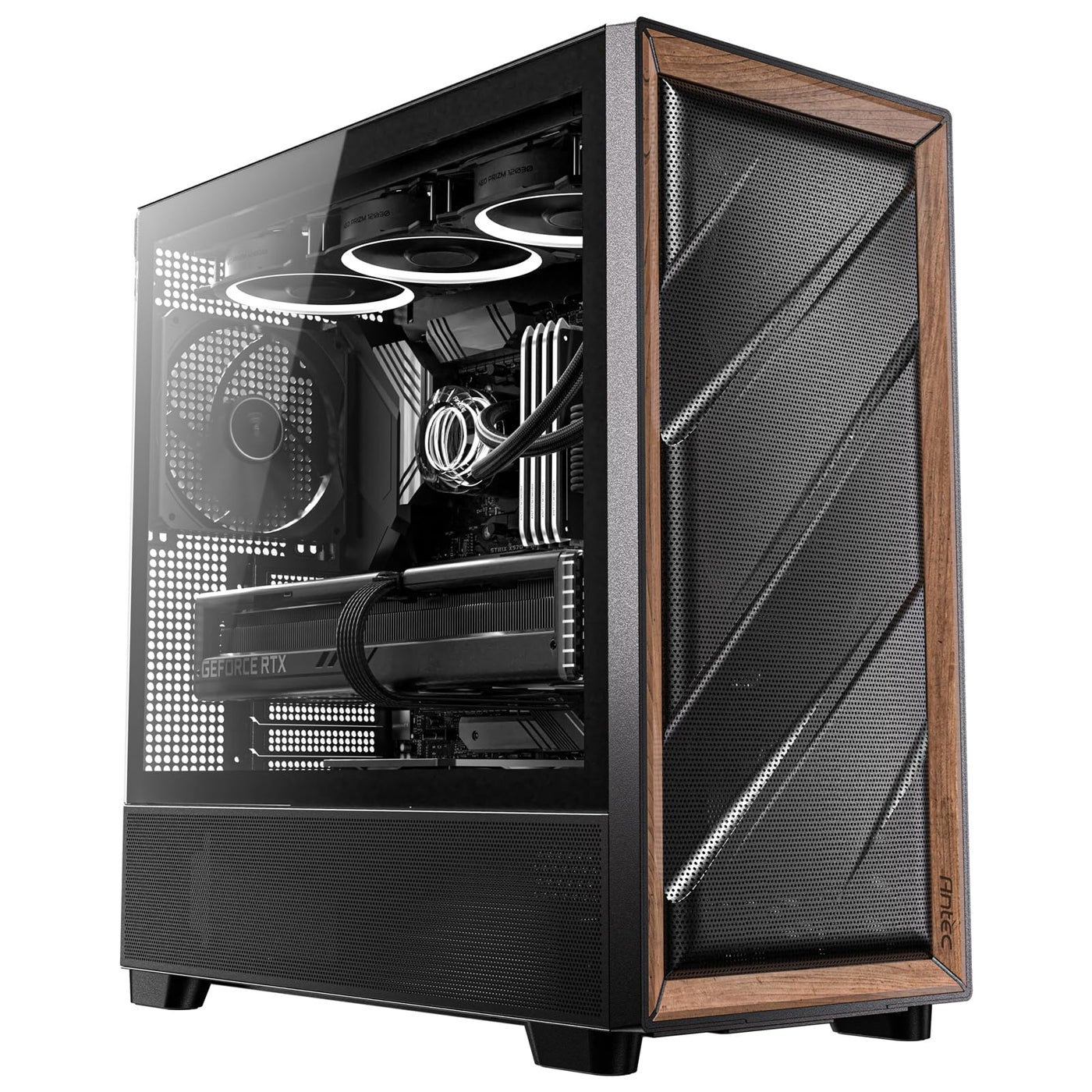 Antec Flux Wood, 5 x PWM Fans Included, High-Airflow Front Panel with Walnut Wood, Type-C, 420mm Radiator & Back Connect Motherboard Support, Up to 9 Fans Simultaneously, Mid-Tower E-ATX PC Case