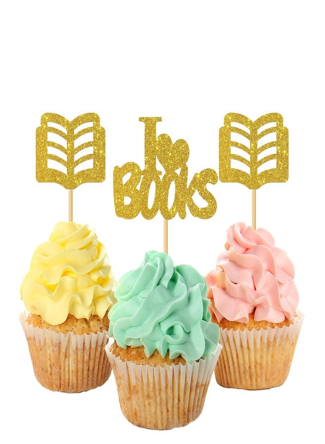 MonMon & Craft I Love Books Cupcake Toppers - Library Classroom School Boooks Decor - Baby Birthday Cupcake Toppers - World Book Day - Reading Themed Party Decorations Gold Glitter - 24 Pcs - Image 1
