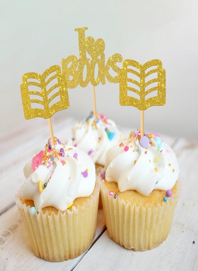 MonMon & Craft I Love Books Cupcake Toppers - Library Classroom School Boooks Decor - Baby Birthday Cupcake Toppers - World Book Day - Reading Themed Party Decorations Gold Glitter - 24 Pcs - Image 5