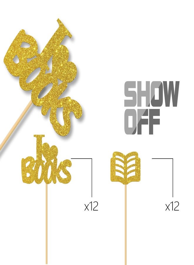 MonMon & Craft I Love Books Cupcake Toppers - Library Classroom School Boooks Decor - Baby Birthday Cupcake Toppers - World Book Day - Reading Themed Party Decorations Gold Glitter - 24 Pcs - Image 2