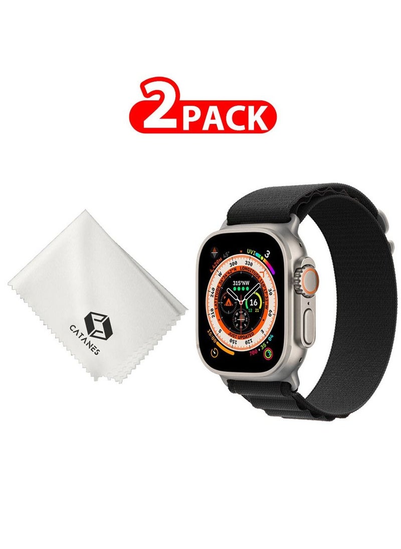 CATANES - 2 Packs Of Apple Watch Band and Microfiber Cloth Alpine Loop Band 49mm 45mm 44mm 42mm Women Men Adjustable with Metal G-Hook Strap for iWatch Ultra Series SE 8/7/6/5/4/3/2/1 Black - Image 1
