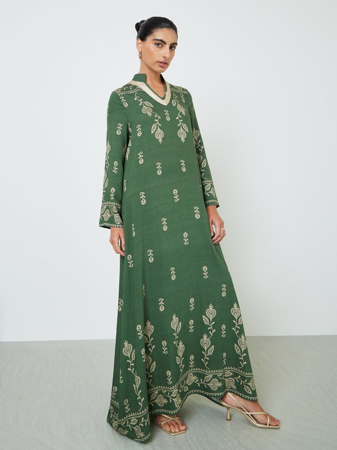 Styli Green Embroidered Stand Collar Jalabiya - Image 1