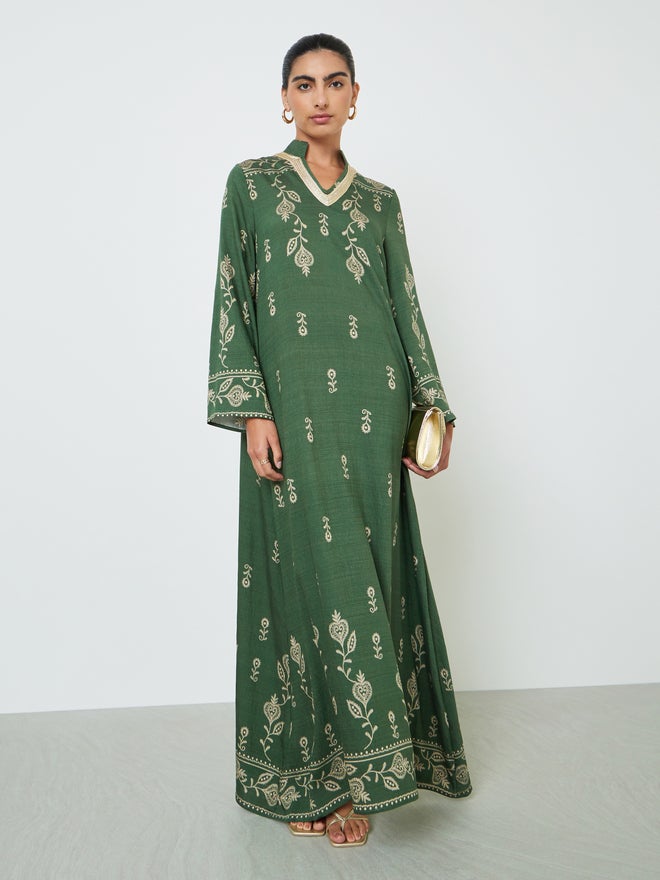 Styli Green Embroidered Stand Collar Jalabiya - Image 3