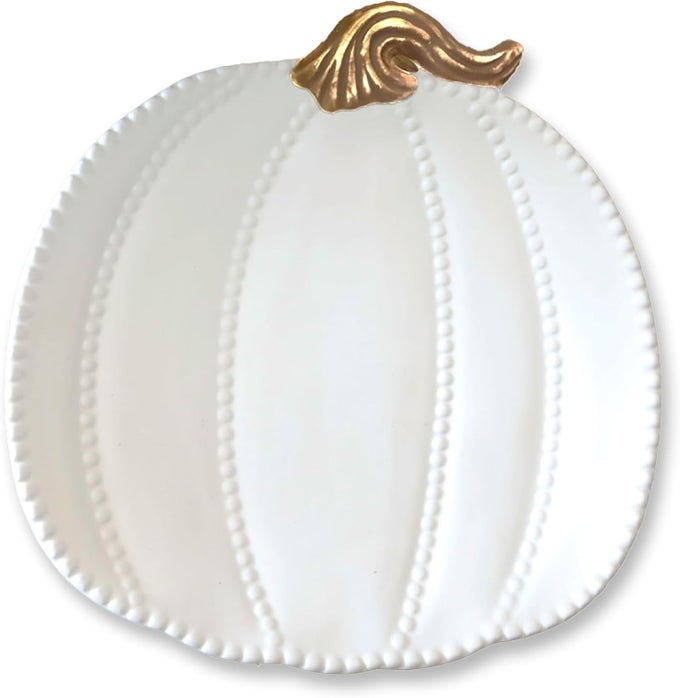 FALL HARVEST 8 INCH GLOSSY TEXTURED CERAMIC APPETIZER SERVING DISH PLATE CLASSIC WHITE GOLD TONE PUMPKIN DESIGN