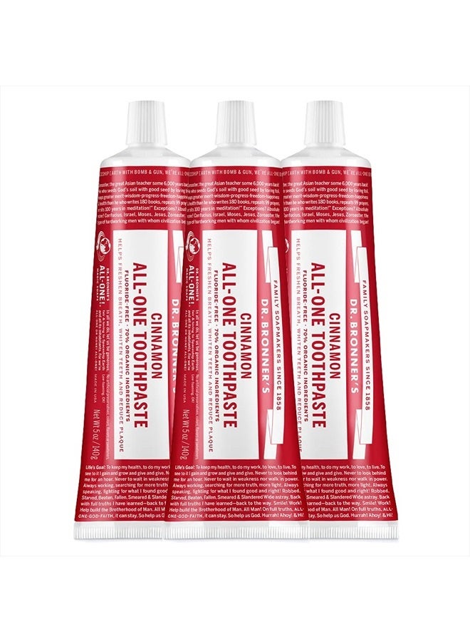 Dr. Bronner's معجون أسنان All-One (بنكهة القرفة، 5 أونصة، عبوة من 3 قطع) - 70% مكونات عضوية، طبيعية وفعالة، خالية من الفلورايد، خالية من كبريتات لوريل الصوديوم، تساعد على تنعيم رائحة الفم، وتقليل البلاك، وتبييض الأسنان، نباتي - Image 1