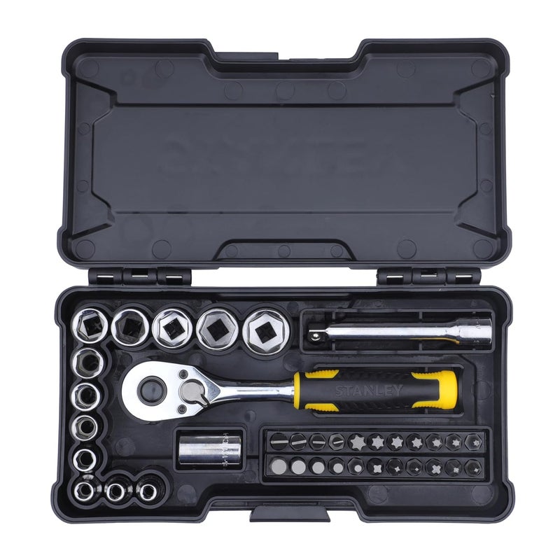 STANLEY STMT82672 14 37Piece Chrome Compact Socket Set comes with a HeavyDuty Plastic Case for Home DIY Industrial Professional Use YELLOW BLACK - Image 1