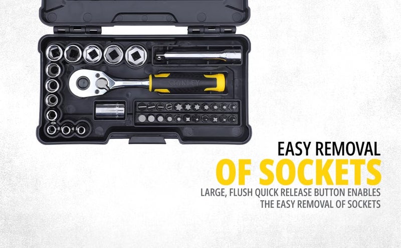 STANLEY STMT82672 14 37Piece Chrome Compact Socket Set comes with a HeavyDuty Plastic Case for Home DIY Industrial Professional Use YELLOW BLACK - Image 4