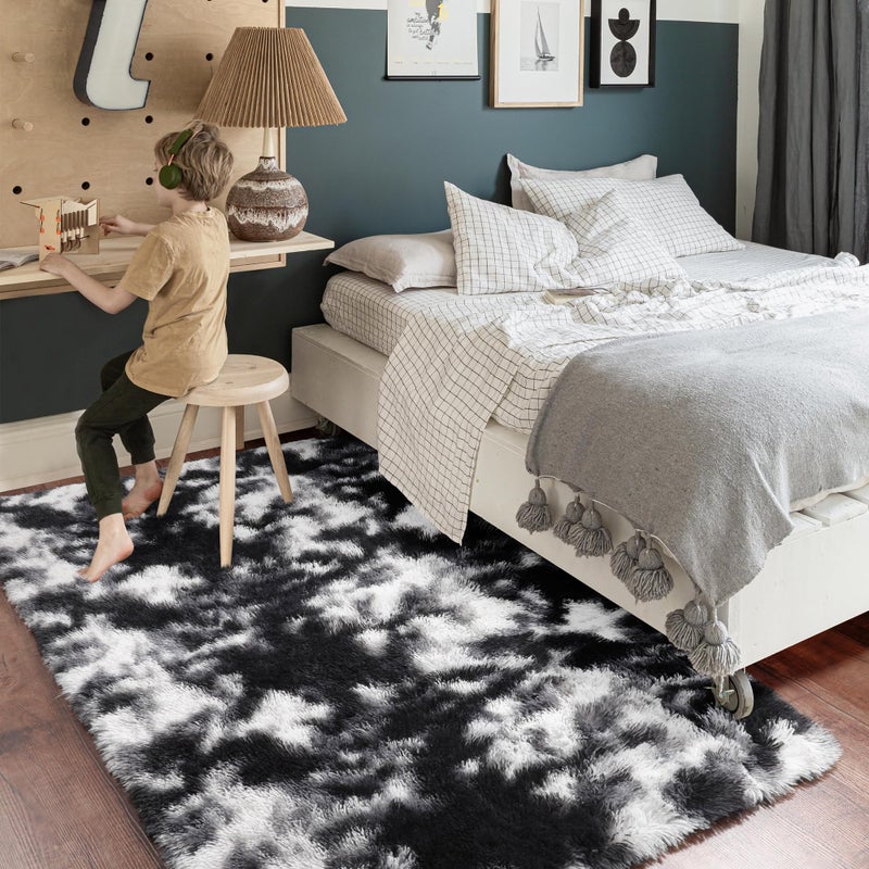 Amdrebio Black White Grey Cool Area Rugs for Bedroom Living Room, Fluffy Modern Furry Rugs for Kids Room Decor, Plush Shaggy Throw Rug 4x6 for Men Teen Boy, Aesthetic Floor Carpet for Dorm Home Office - Image 3