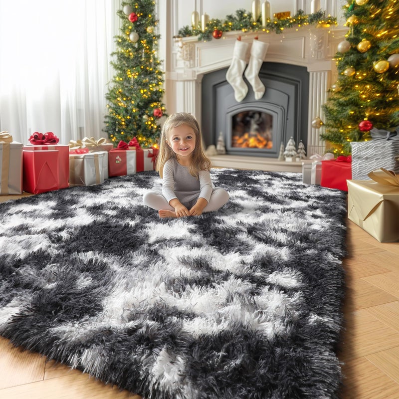 Amdrebio Black White Grey Cool Area Rugs for Bedroom Living Room, Fluffy Modern Furry Rugs for Kids Room Decor, Plush Shaggy Throw Rug 4x6 for Men Teen Boy, Aesthetic Floor Carpet for Dorm Home Office - Image 1