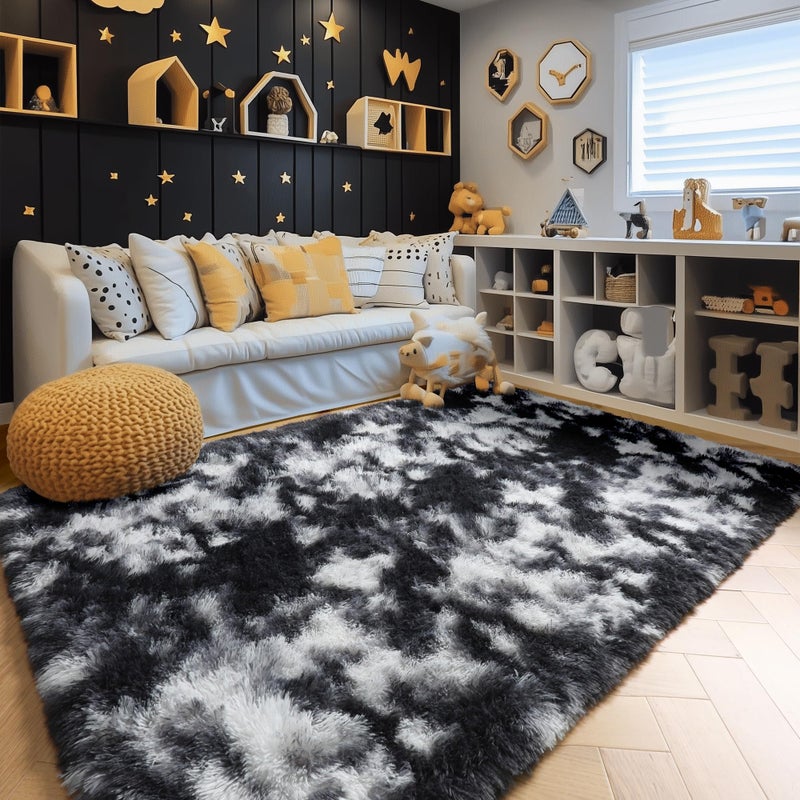 Amdrebio Black White Grey Cool Area Rugs for Bedroom Living Room, Fluffy Modern Furry Rugs for Kids Room Decor, Plush Shaggy Throw Rug 4x6 for Men Teen Boy, Aesthetic Floor Carpet for Dorm Home Office - Image 4