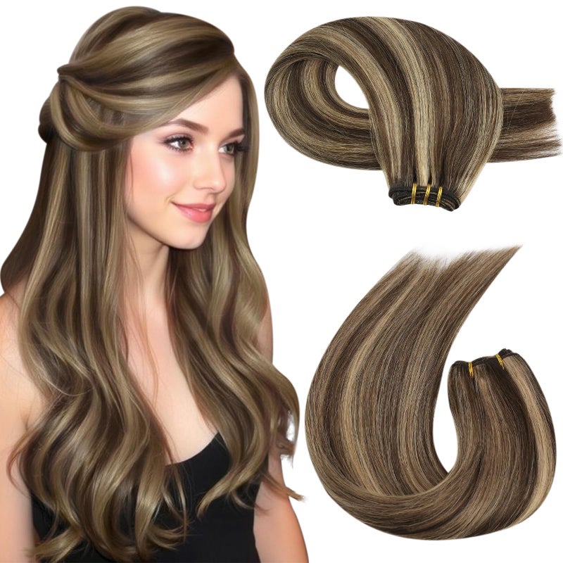 Moresoo Dark Brown And Blonde Sew in Hair Extensions Real Human Hair Honey Blonde with Dakr Brown Highlights Real Human Hair Weft Extensions for Women Double Weft Long 24 inch
