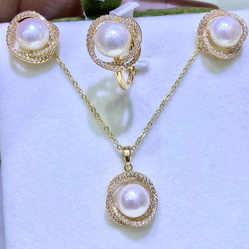 Generic Cross-border explosions micro inlaid pearl suit pendant earrings ring female Korean clavicle chain temperament Joker wholesale jewelry Stud earrings 