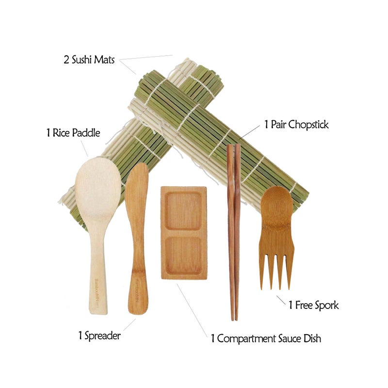 BambooMN Sushi Making Kit - 2x Green Sushi Rolling Mat, 1x Rice Paddle, 1x Spreader, 1x Chopsticks, 1x Sushi Sauce Dish, and 1x Free Spork - Deluxe Sushi Set - Image 3
