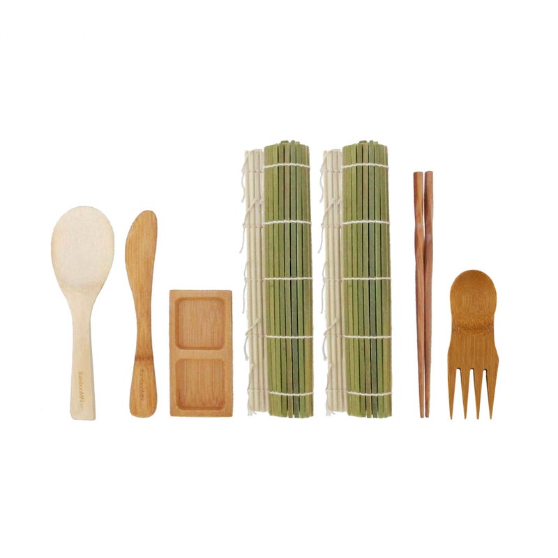 BambooMN Sushi Making Kit - 2x Green Sushi Rolling Mat, 1x Rice Paddle, 1x Spreader, 1x Chopsticks, 1x Sushi Sauce Dish, and 1x Free Spork - Deluxe Sushi Set - Image 2