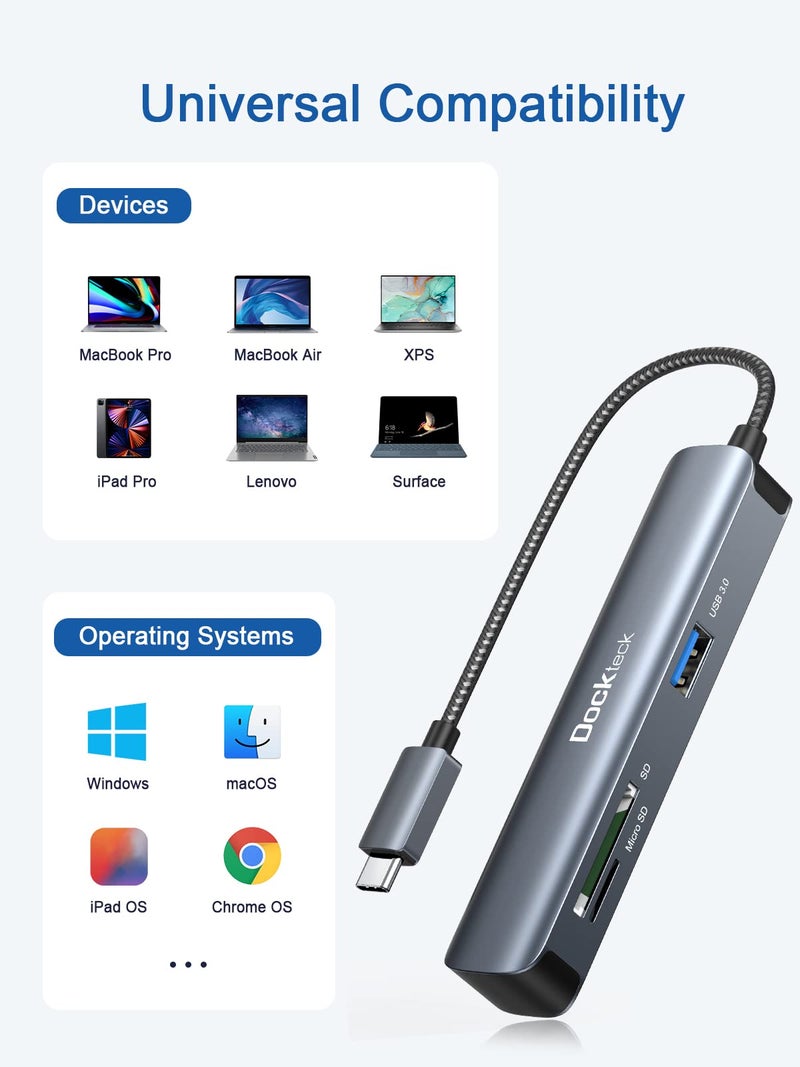 Dockteck USB C Hub 4K HDMI Adapter, Dockteck 5 in 1 Multiport Type C HUB Thunderbolt 3 Dongle Adapter with HDMI, 2 USB 3.0 Ports, SD TF Card Readers for MackBook Pro/Air iPad Pro/iPad Air, Surface Go, XPS - Image 5