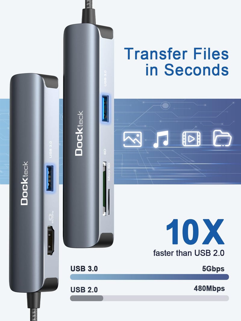 Dockteck USB C Hub 4K HDMI Adapter, Dockteck 5 in 1 Multiport Type C HUB Thunderbolt 3 Dongle Adapter with HDMI, 2 USB 3.0 Ports, SD TF Card Readers for MackBook Pro/Air iPad Pro/iPad Air, Surface Go, XPS - Image 2