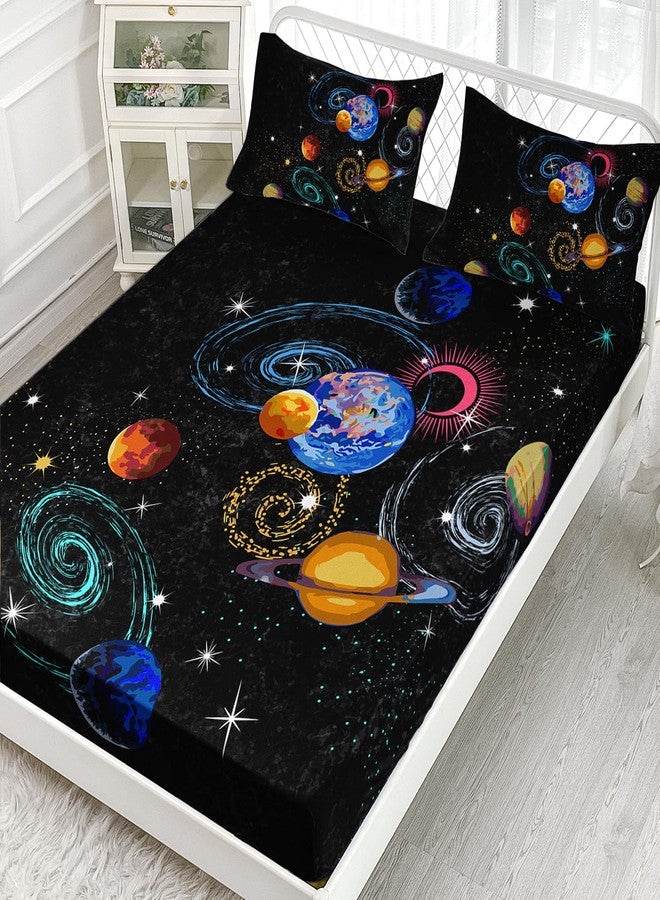 AILONEN Outer Space Twin XL Size Fitted Sheet 3 Pieces Set, Galaxy Starry Sheet for Kids Boys - Eight Planet Theme Soft Breathable Bed Sheet, 1 Fitted Sheet and 2 Pillowcases - Image 2