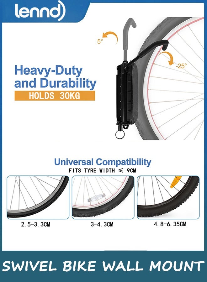 LENND Wall Mounted Swivel Bike Rack for Indoor Storage - Heavy Duty 150° Swivel, No Drilling Required, Space Saving Design, Fits MTB/Road/E-Bike and Hybrid, Non-Slip Stops - Image 3