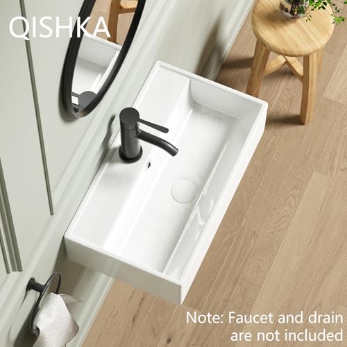 QISHKA Wall Mount Rectangular Vessel Sink with Towel Rack, QISHKA 21.5"x12.5" Modern Ceramic Bathroom Floating Sink, White Rectangle Vanity Sink with Overflow, Wall Hung Wash Hand Basin - Image 3