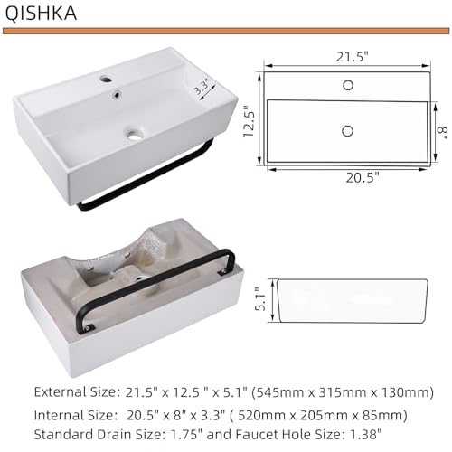 QISHKA Wall Mount Rectangular Vessel Sink with Towel Rack, QISHKA 21.5"x12.5" Modern Ceramic Bathroom Floating Sink, White Rectangle Vanity Sink with Overflow, Wall Hung Wash Hand Basin - Image 4