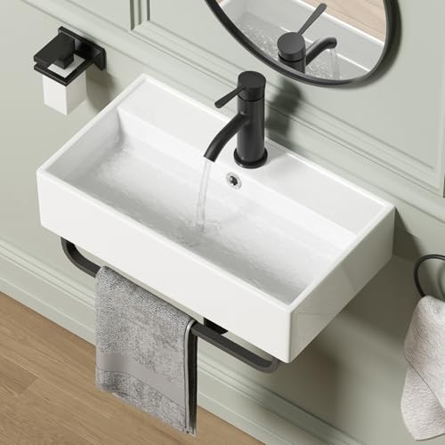 QISHKA Wall Mount Rectangular Vessel Sink with Towel Rack, QISHKA 21.5"x12.5" Modern Ceramic Bathroom Floating Sink, White Rectangle Vanity Sink with Overflow, Wall Hung Wash Hand Basin - Image 1