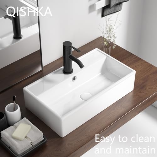 QISHKA Wall Mount Rectangular Vessel Sink with Towel Rack, QISHKA 21.5"x12.5" Modern Ceramic Bathroom Floating Sink, White Rectangle Vanity Sink with Overflow, Wall Hung Wash Hand Basin - Image 5