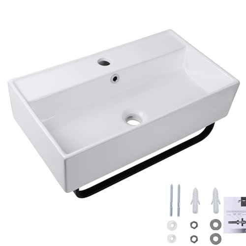 QISHKA Wall Mount Rectangular Vessel Sink with Towel Rack, QISHKA 21.5"x12.5" Modern Ceramic Bathroom Floating Sink, White Rectangle Vanity Sink with Overflow, Wall Hung Wash Hand Basin - Image 2