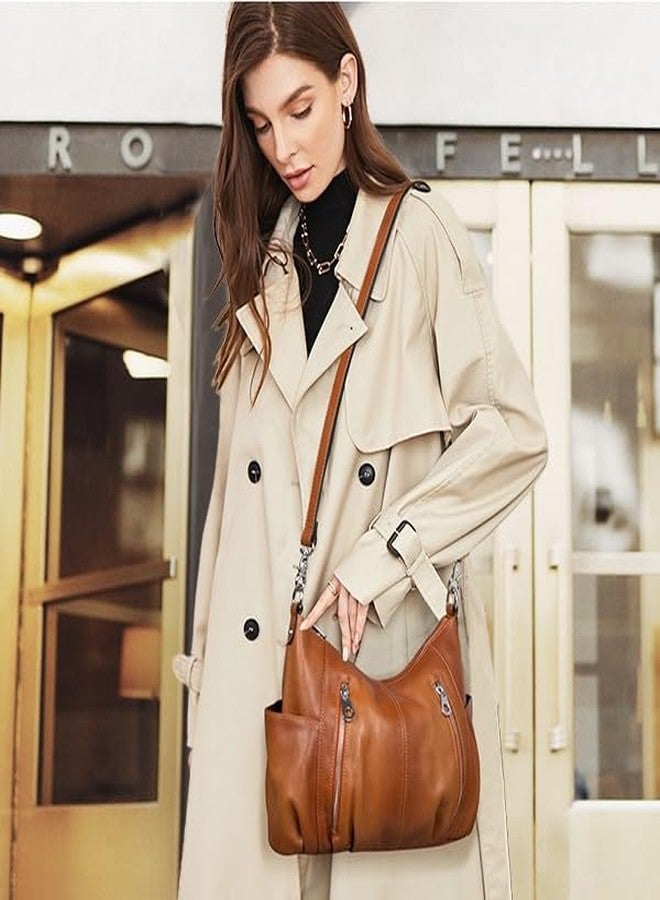 HESHE Genuine Leather Purses for Women Shoulder Hobo Bag Crossbody Satchel Handbags Designer Ladies Totes Purse, Sorrel, （L）11.81"x（H) 9.45" x(W) 3.93” in - Image 2