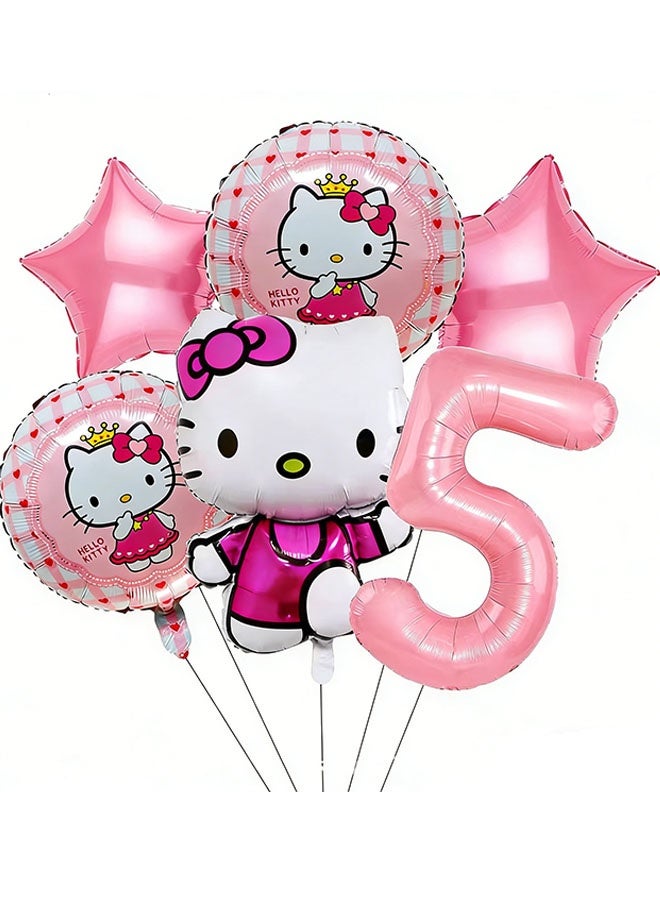 Hello Kitty Birthday balloons set of 6 Hello Kitty-themed balloons, including a pink number 5 balloon - Image 1