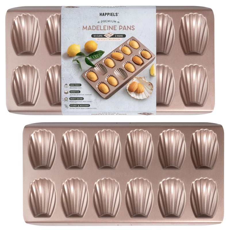 HAPPIELS Non Toxic Nonstick Madeleine Pan 12 Well Set of 2 24 wells  Non Stick Nontoxic Madeleines Pans for baking  Madeleine Cake Cookie Mold  Madeleine tray for oven  French tin 12