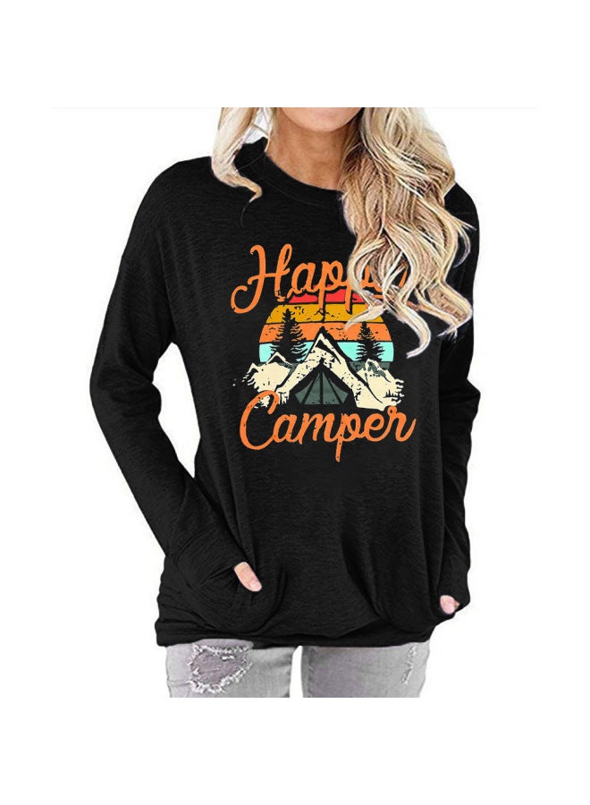 Carney Women's Pocket Sweater Happy Camper Printed Round Neck Long Sleeve T-shirt