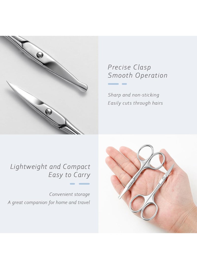 SOLARAE Facial Hair Grooming Scissors, 2 Pack Rounded and Curved Safety Scissors, Stainless Steel Small Scissors, Stainless Steel Beauty Scissors for Eyebrows, Nose Hair, Ear, Beard, Eyelashes, Silver