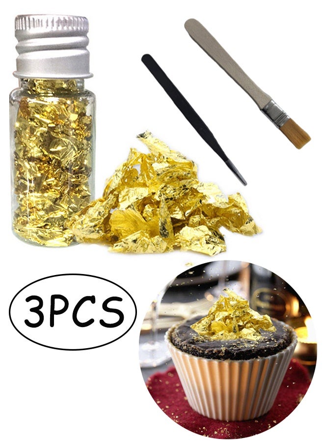 3 قطع أوراق ذهبية قابلة للأكل مع فرشاة وملقط الذهب أوراق الكيك ديكور الذهب الرقائق الغذاء الذهب الرقائق ديكور الخبز الذهب الرقائق ديكور الشكولاتة ديكور أوراق الذهب للطهي التحلية ديكور حرفي ماكياج - Image 1