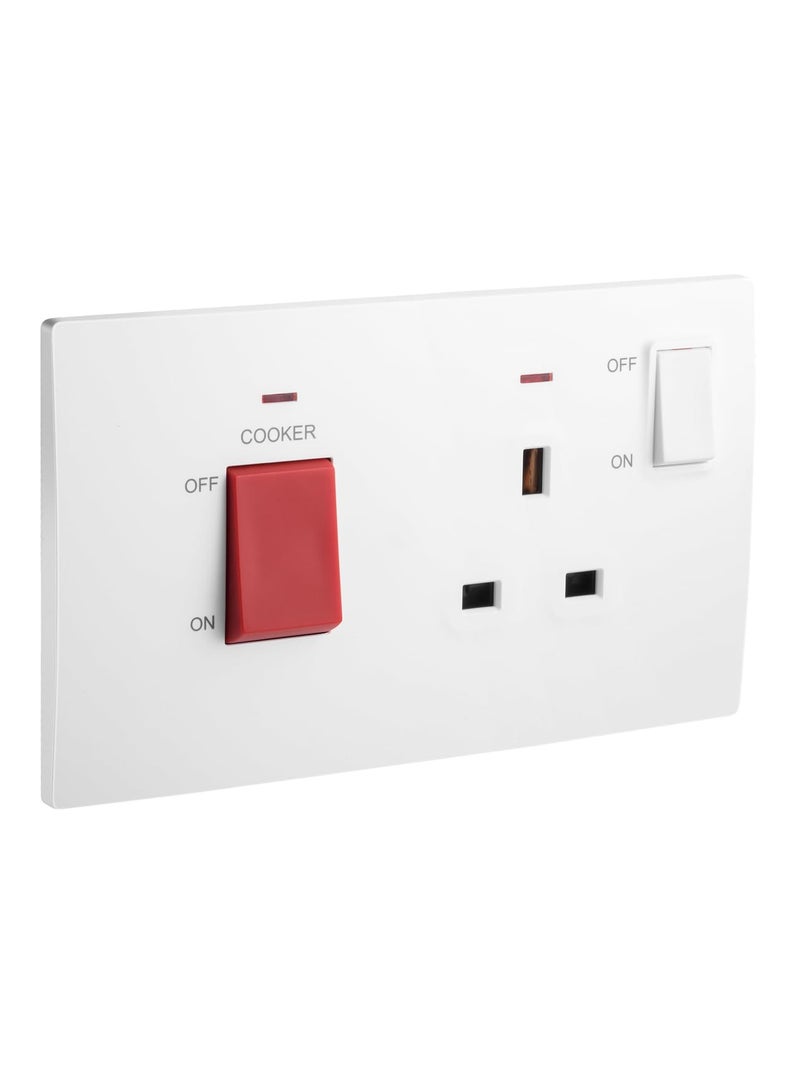 RACO Legrand Mallia Senses 2-Gang Cooker Unit Control - 45A Double Pole Switch and 13A Switched Socket with indicator, White - Image 1