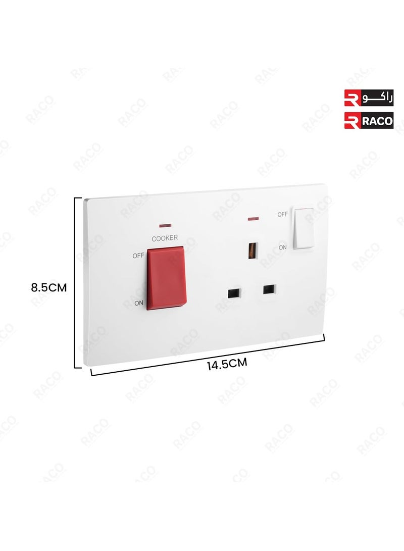 RACO Legrand Mallia Senses 2-Gang Cooker Unit Control - 45A Double Pole Switch and 13A Switched Socket with indicator, White - Image 2