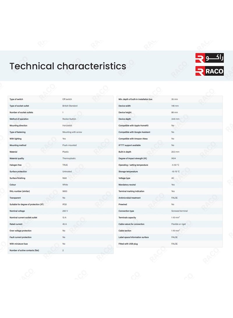 RACO Legrand Mallia Senses 2-Gang Cooker Unit Control - 45A Double Pole Switch and 13A Switched Socket with indicator, White - Image 3