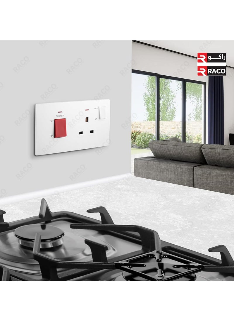 RACO Legrand Mallia Senses 2-Gang Cooker Unit Control - 45A Double Pole Switch and 13A Switched Socket with indicator, White - Image 4