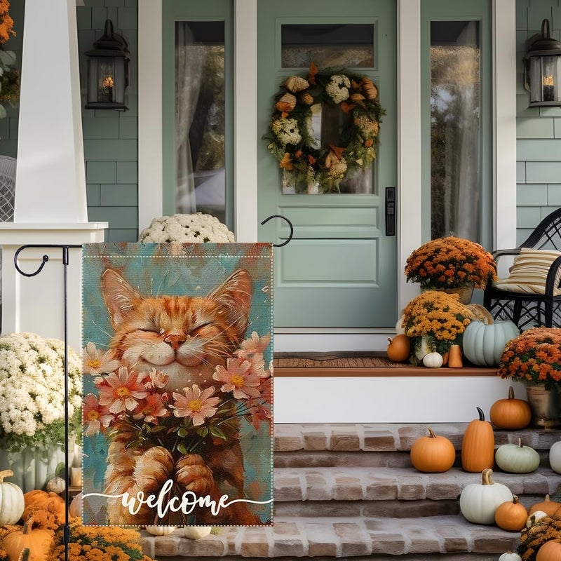 RMXJKIIU Welcome Spring Garden Flags Summer Cat Garden Flag 12x18 Inch Double Sided Colorful Floral Small Burlap Home Yard Lawn Holiday Decorations - Image 4