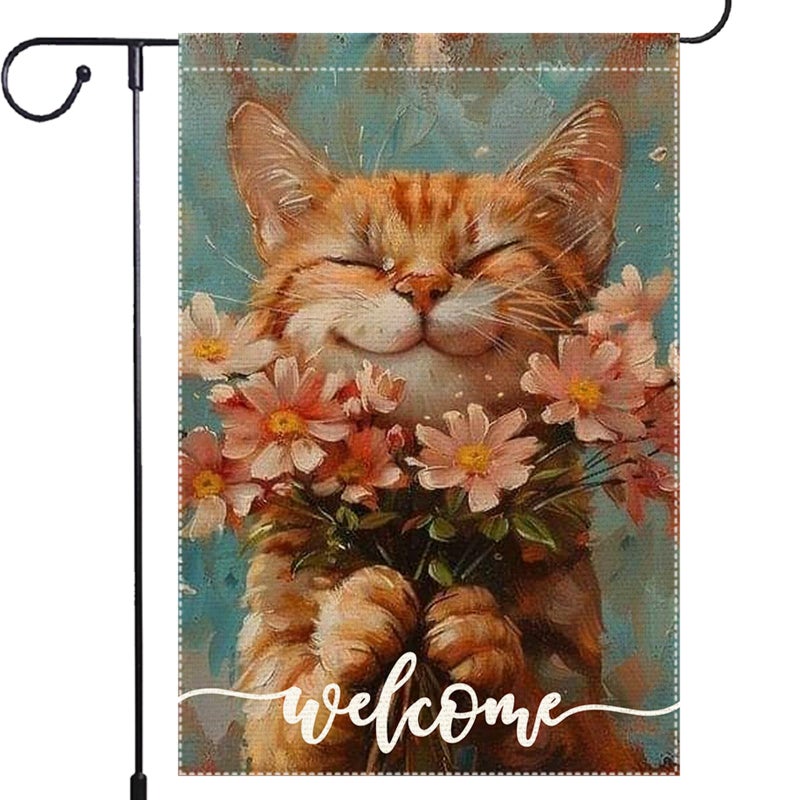 RMXJKIIU Welcome Spring Garden Flags Summer Cat Garden Flag 12x18 Inch Double Sided Colorful Floral Small Burlap Home Yard Lawn Holiday Decorations - Image 1