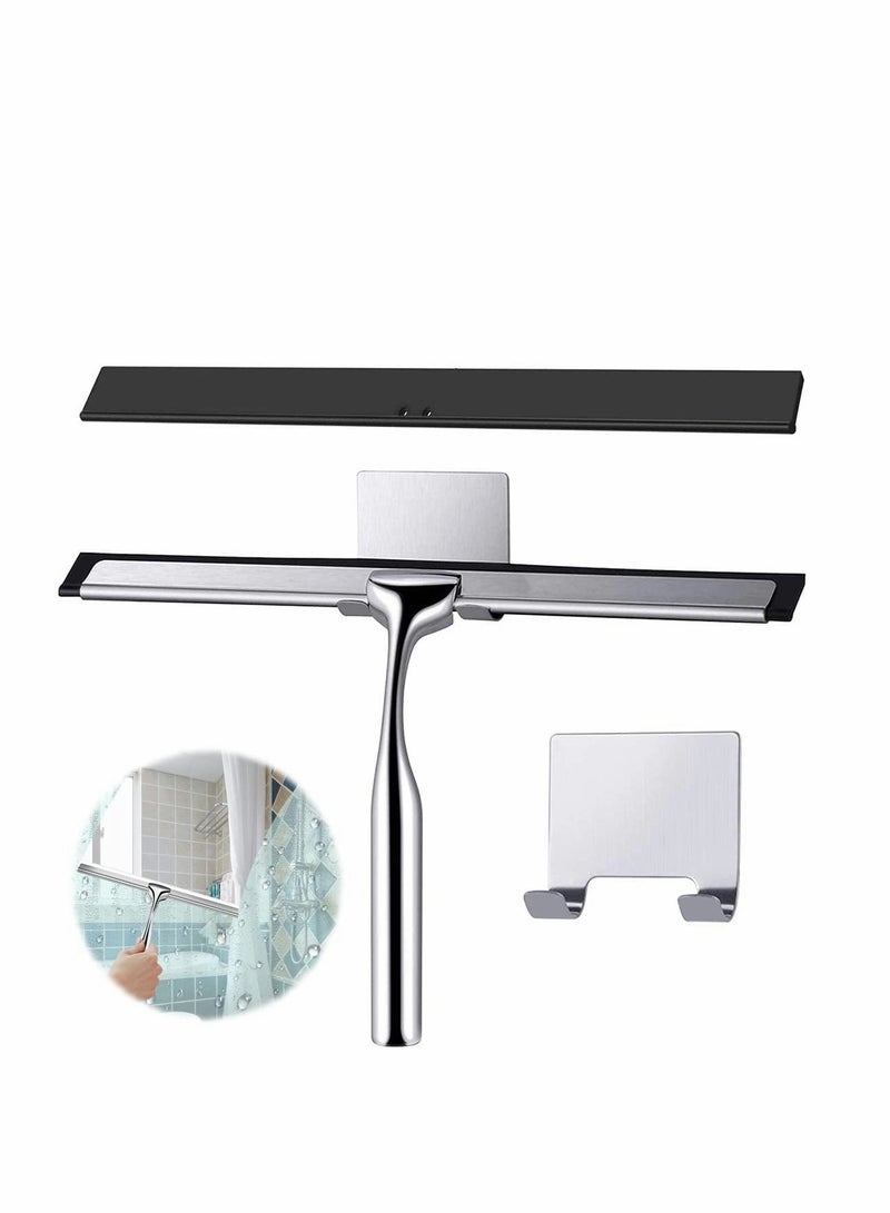 SOLARAE Shower Squeegee, Window Wiper Stainless Steel Window Cleaner With Self Adhesive Hook, Replaceable Wiper Blades Cleansing for Bathroom Household Kitchen Mirror Window Car Glass Shower Door - Image 1
