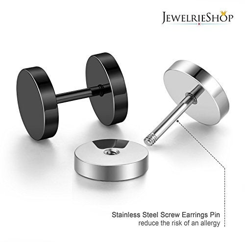 JewelrieShop Black Faux Gauges Plugs Earrings for Men Stainless Steel Dot Disc Studs Circle Flat Back Cheater Tunnel Dumbbell Earrings Women(18 Gauges,2 Pairs,8mm,Black and Silver) - Image 2