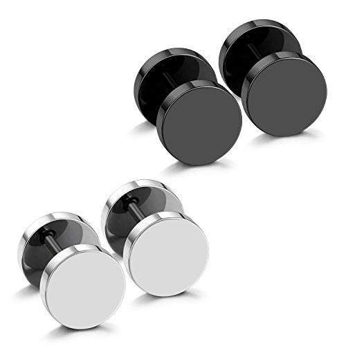 JewelrieShop Black Faux Gauges Plugs Earrings for Men Stainless Steel Dot Disc Studs Circle Flat Back Cheater Tunnel Dumbbell Earrings Women(18 Gauges,2 Pairs,8mm,Black and Silver) - Image 1