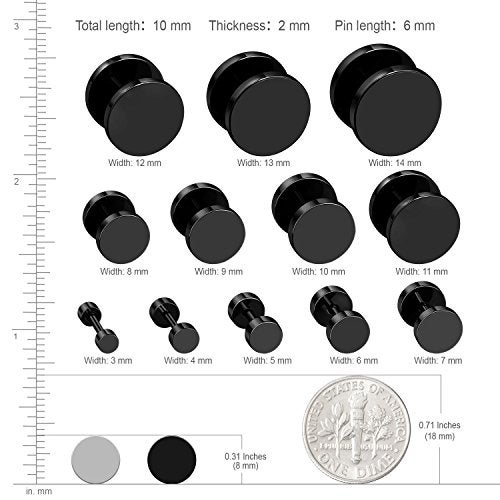 JewelrieShop Black Faux Gauges Plugs Earrings for Men Stainless Steel Dot Disc Studs Circle Flat Back Cheater Tunnel Dumbbell Earrings Women(18 Gauges,2 Pairs,8mm,Black and Silver) - Image 3