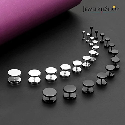 JewelrieShop Black Faux Gauges Plugs Earrings for Men Stainless Steel Dot Disc Studs Circle Flat Back Cheater Tunnel Dumbbell Earrings Women(18 Gauges,2 Pairs,8mm,Black and Silver) - Image 5