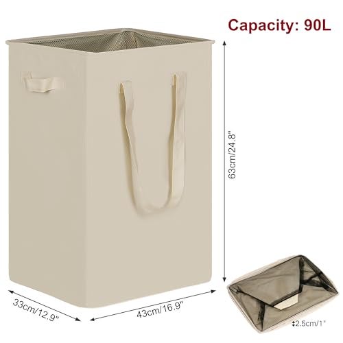efluky Slim Laundry Basket Narrow Laundry Hamper with Handles Collapsible Dirty Clothes Hamper Tall Laundry Bin for Laundry Room Dorm and Bedroom 90L Beige - Image 3