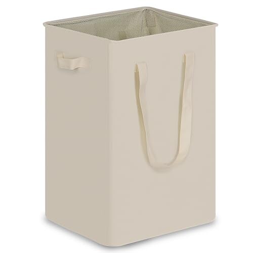 efluky Slim Laundry Basket Narrow Laundry Hamper with Handles Collapsible Dirty Clothes Hamper Tall Laundry Bin for Laundry Room Dorm and Bedroom 90L Beige - Image 1
