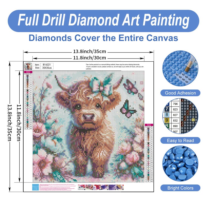 Camocin Diamond Art Kits For Adults Highland Cow  5D Highland Cow Diamond Painting Kits For Adults Beginners  Diy Flowers Full Round Dots Drill Gem Art Kit For Gift Home Wall Decor 14 X 14 Inch - Image 3