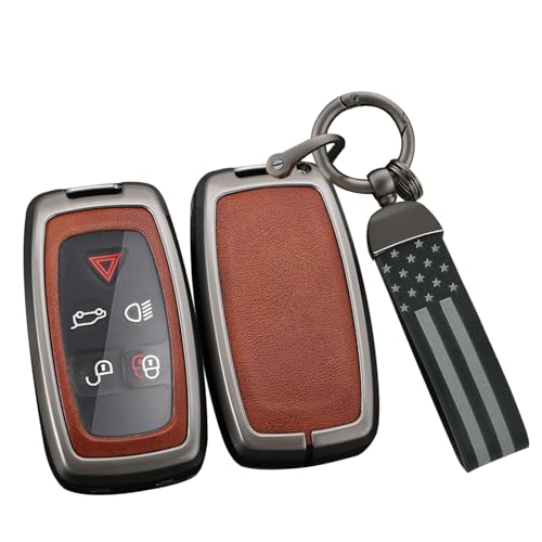 ontto Smart Remote Key Fob Case Fit for Land Rover Discovery 4 LR4 2010-2015 Metal and Leather Car Key Holder Fit for Range Rover Sport Evoque 2010-2017 Car Accessories Brown - Image 1