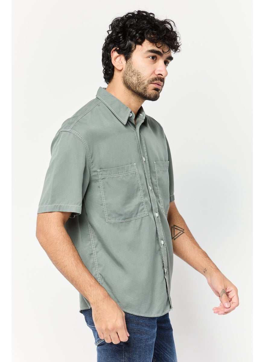 SELECTED Men Regular Fit Solid Short Sleeves Casual Shirt, Slate Green  - Image 4
