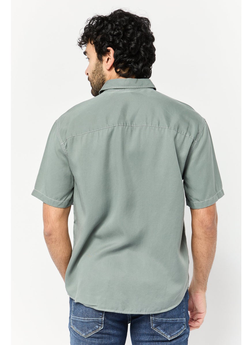 SELECTED Men Regular Fit Solid Short Sleeves Casual Shirt, Slate Green  - Image 2